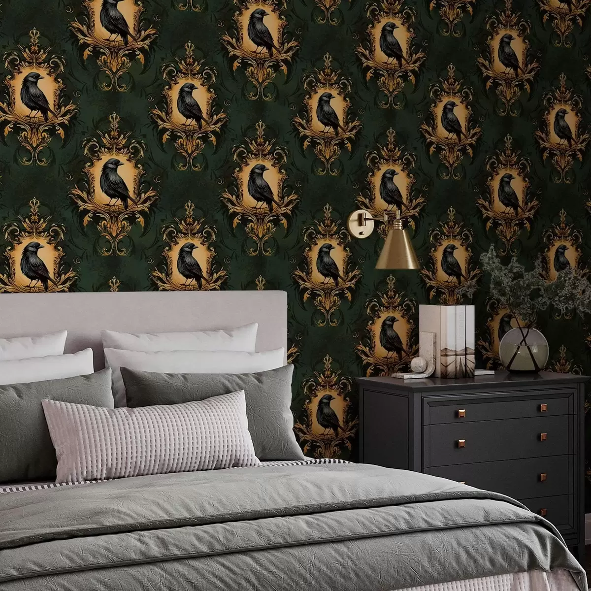 Carta da parati Corvo in una cornice su sfondo verde a00105