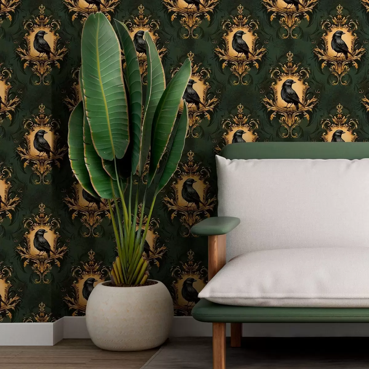 Carta da parati Corvo in una cornice su sfondo verde a00105