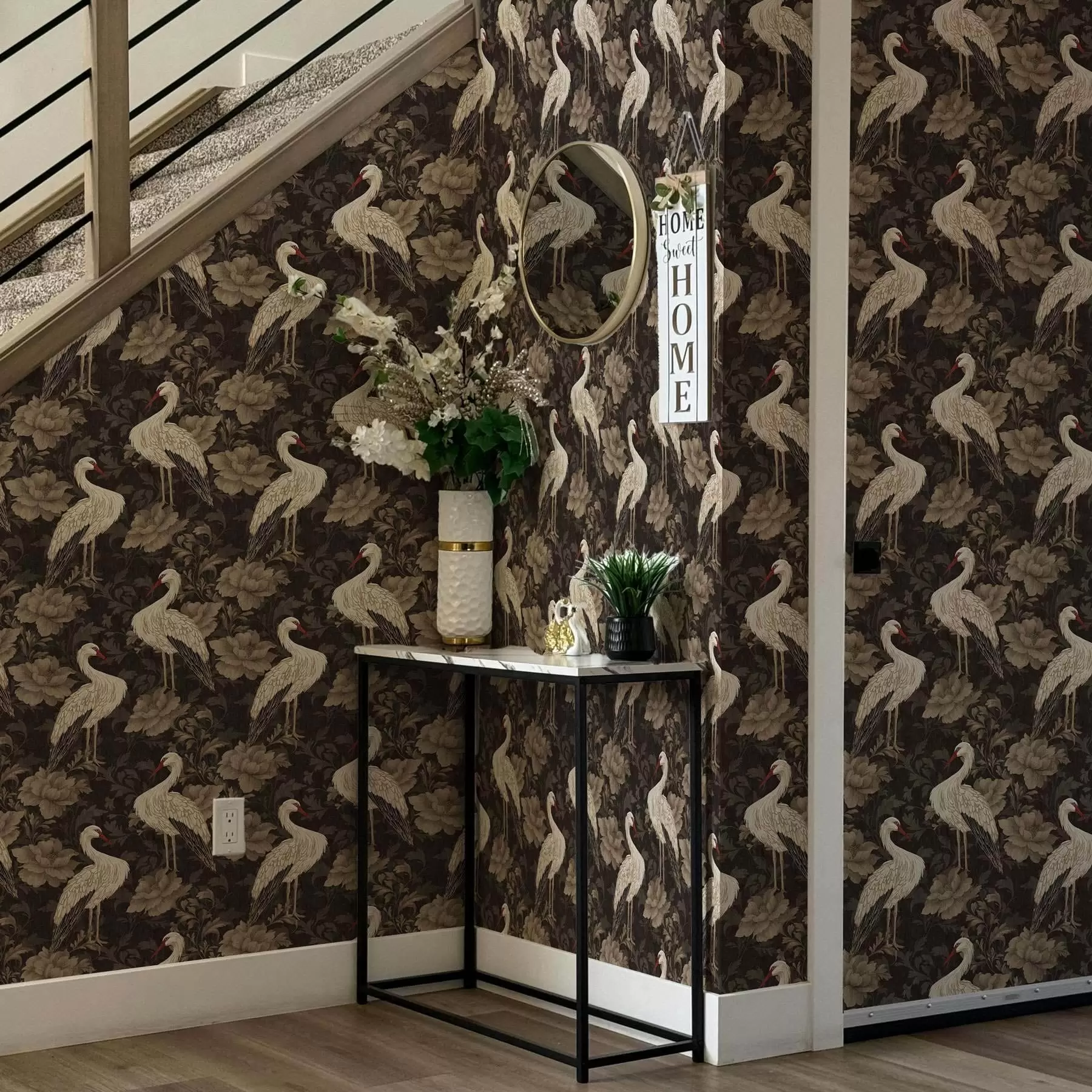 carta da parati Gru tra grandi fiori in una classica palette di colori pastello nr. a00108