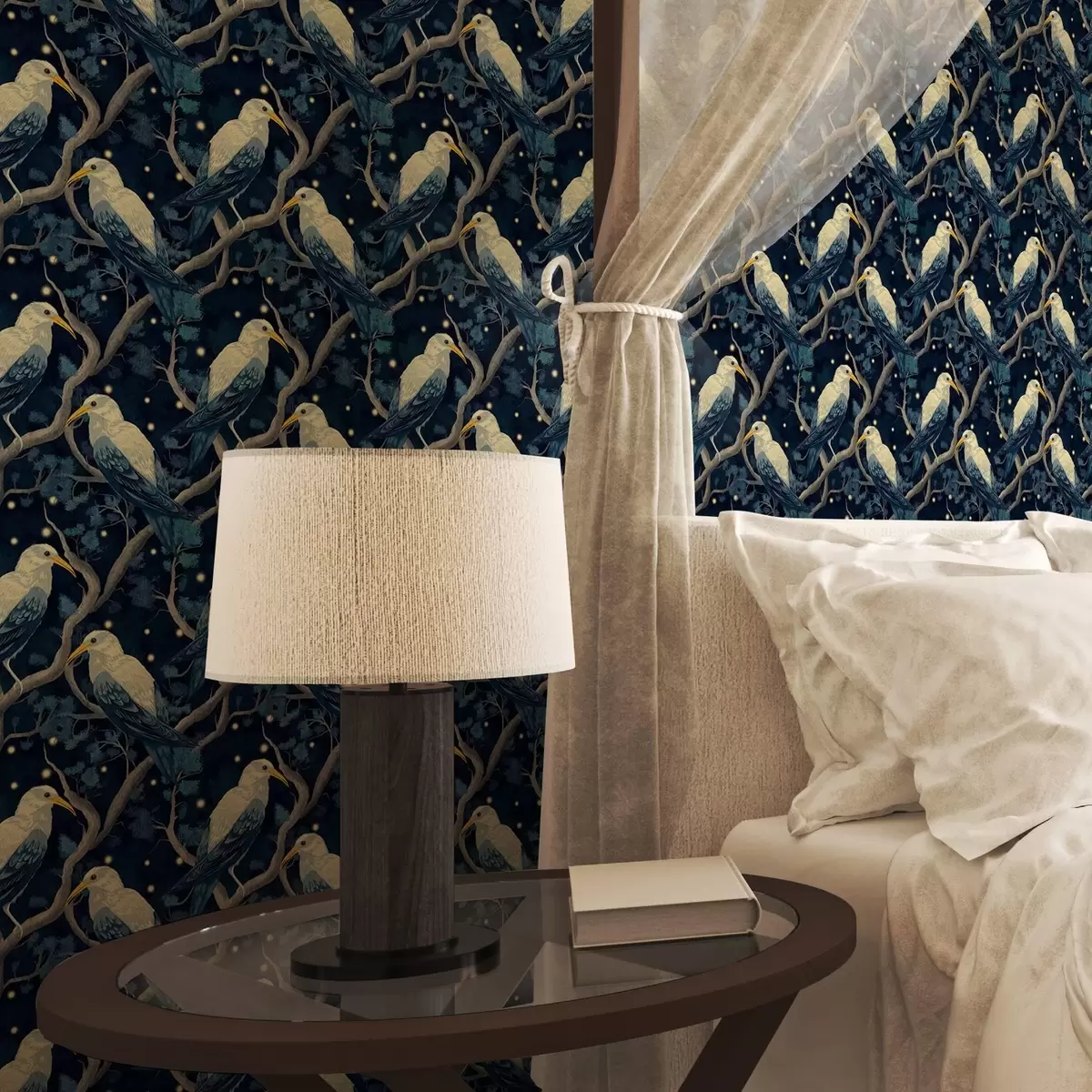 Carta da parati Uccelli bianchi sui rami tra lucciole splendenti nella foresta notturna a00109