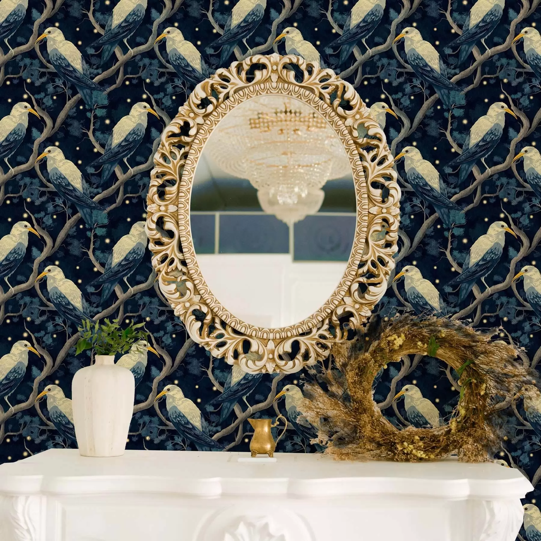 carta da parati Uccelli bianchi sui rami tra lucciole splendenti nella foresta notturna nr. a00109