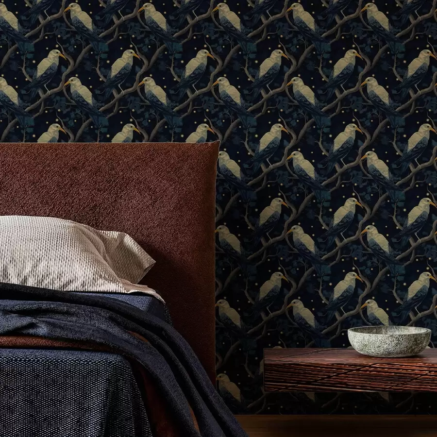 carta da parati Uccelli notturni su rami e stelle su sfondo blu scuro nr. a00109v1