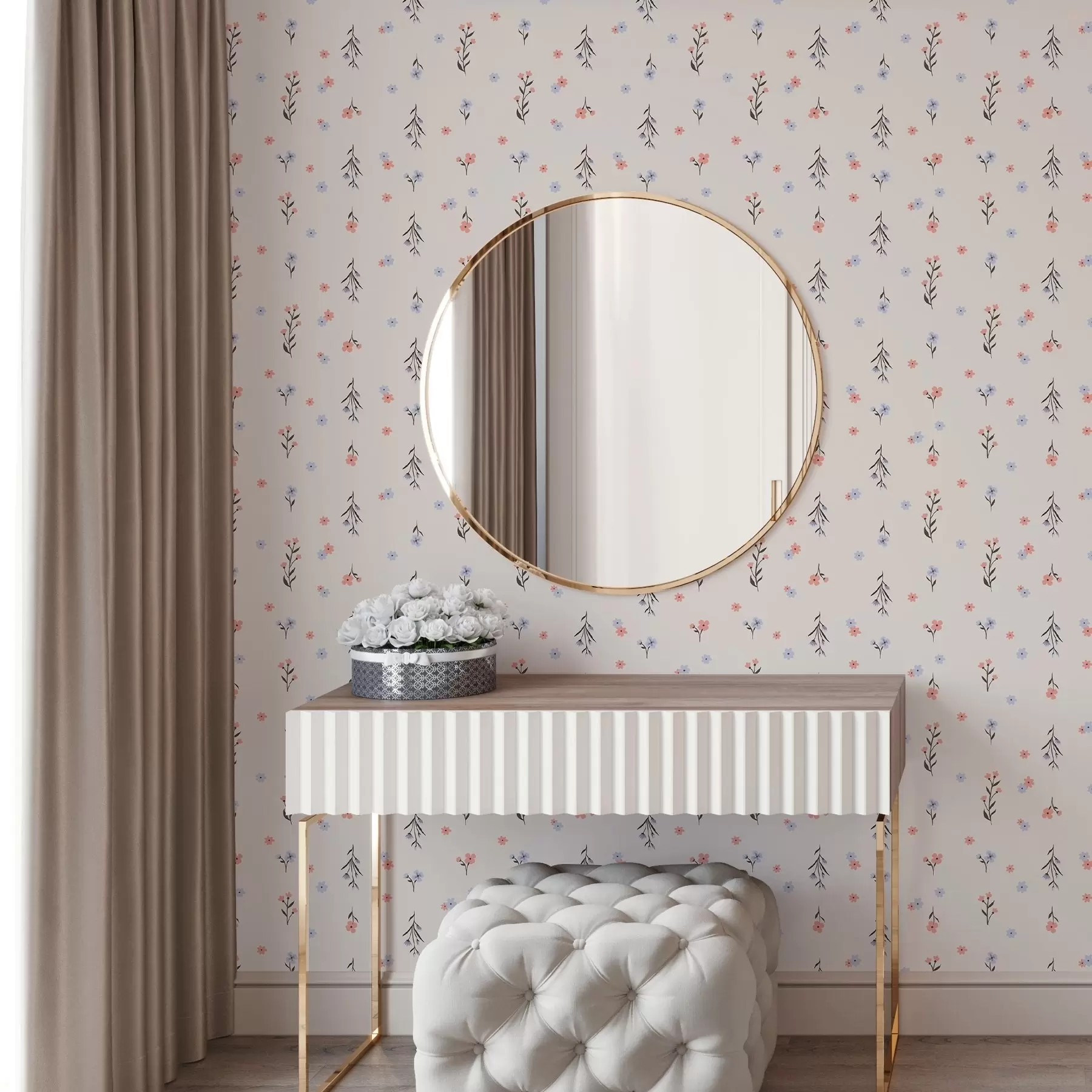 carta da parati Piccoli fiori nei toni del rosa pallido e dell'azzurro su sfondo crema nr. a00110