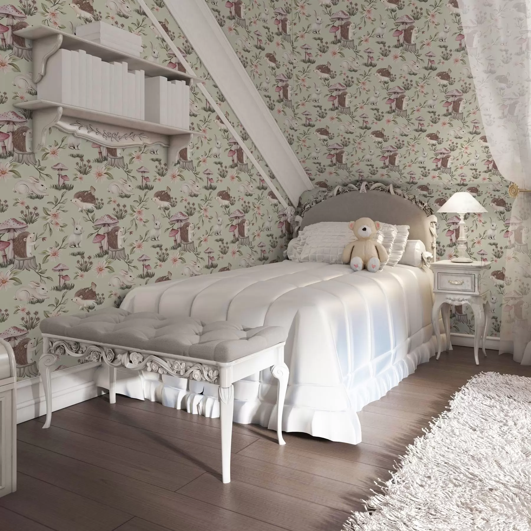 carta da parati Animali e fiori fiabeschi su sfondo verde in delicati colori pastello nr. a00111v1