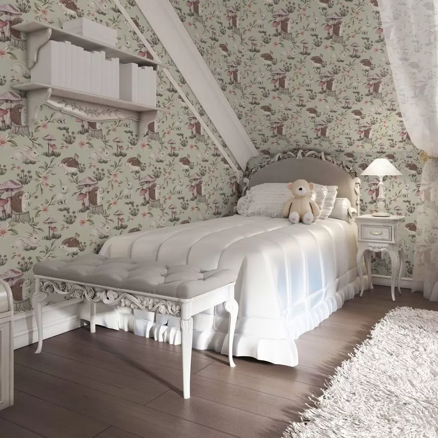 carta da parati Animali e fiori fiabeschi su sfondo verde in delicati colori pastello nr. a00111v1