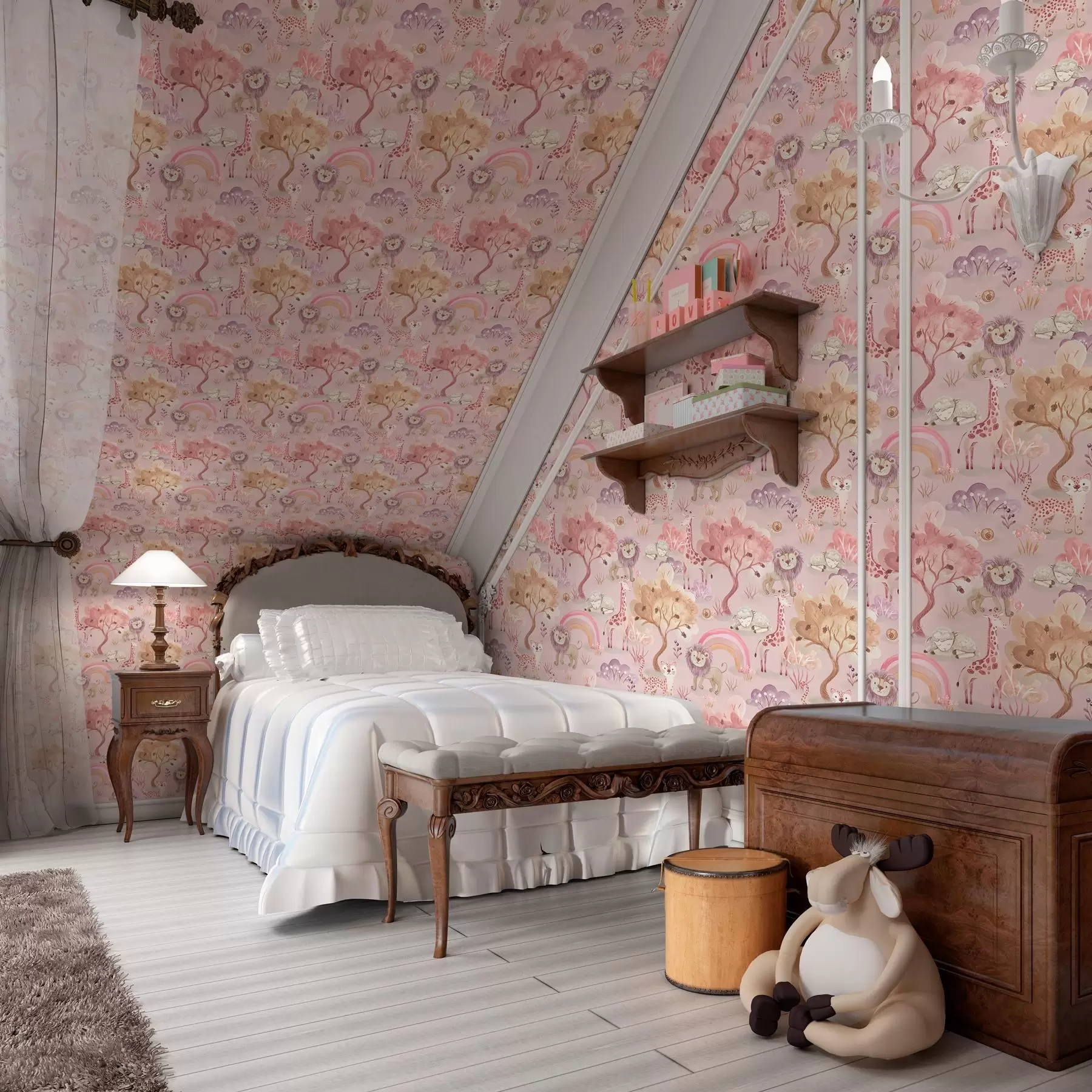 carta da parati Cuccioli di leone, giraffe e arcobaleni in una foresta pastello nr. a00112