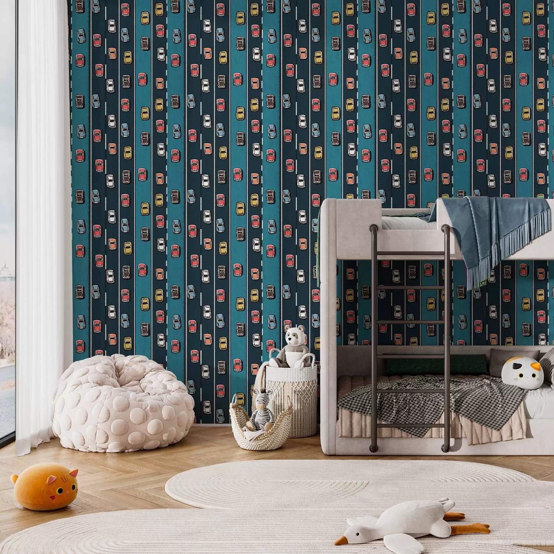 carta da parati Auto retrò su strada blu navy in stile anni '60 nr. a00118