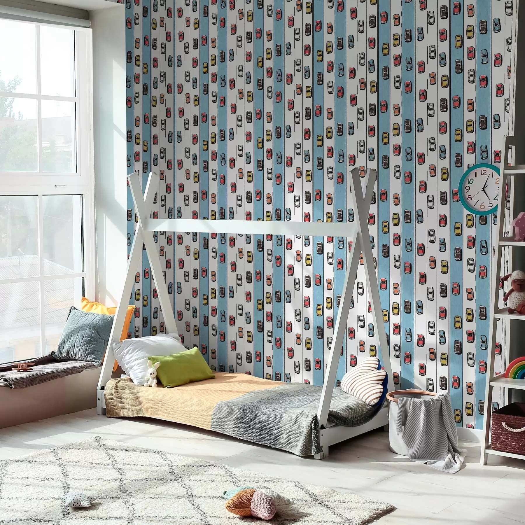 carta da parati Auto retrò su una strada bianca e blu nello stile degli anni '60 nr. a00118v2