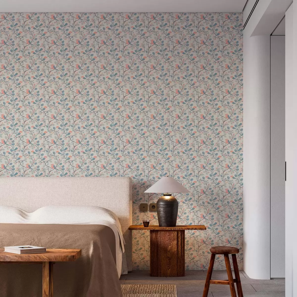 Carta da parati Uccelli e ramoscelli pastello su sfondo chiaro a00128