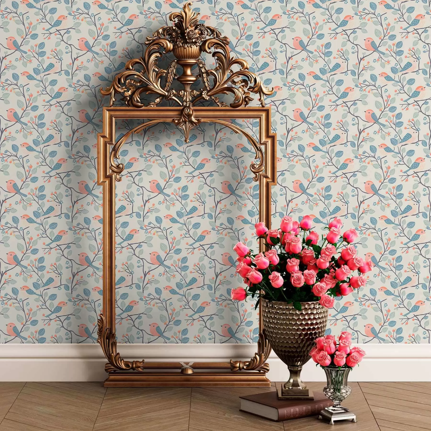 carta da parati Uccelli e ramoscelli pastello su sfondo chiaro nr. a00128