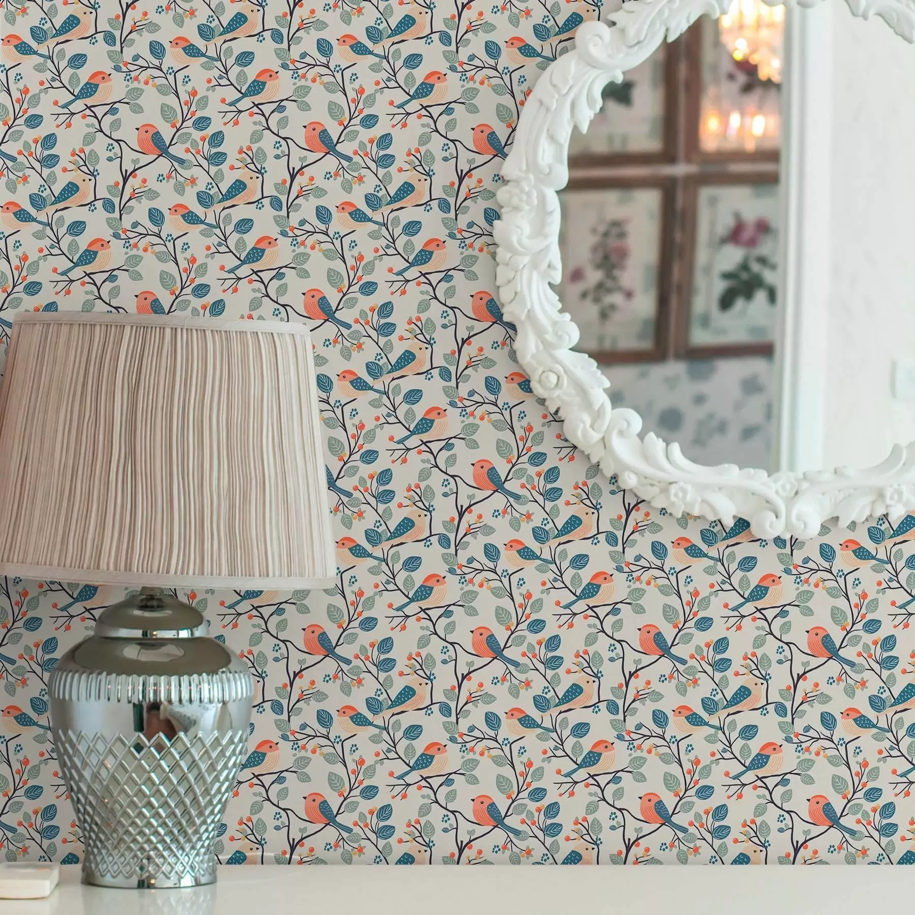 carta da parati Uccelli sui rami e bacche dai colori caldi nr. a00128v1