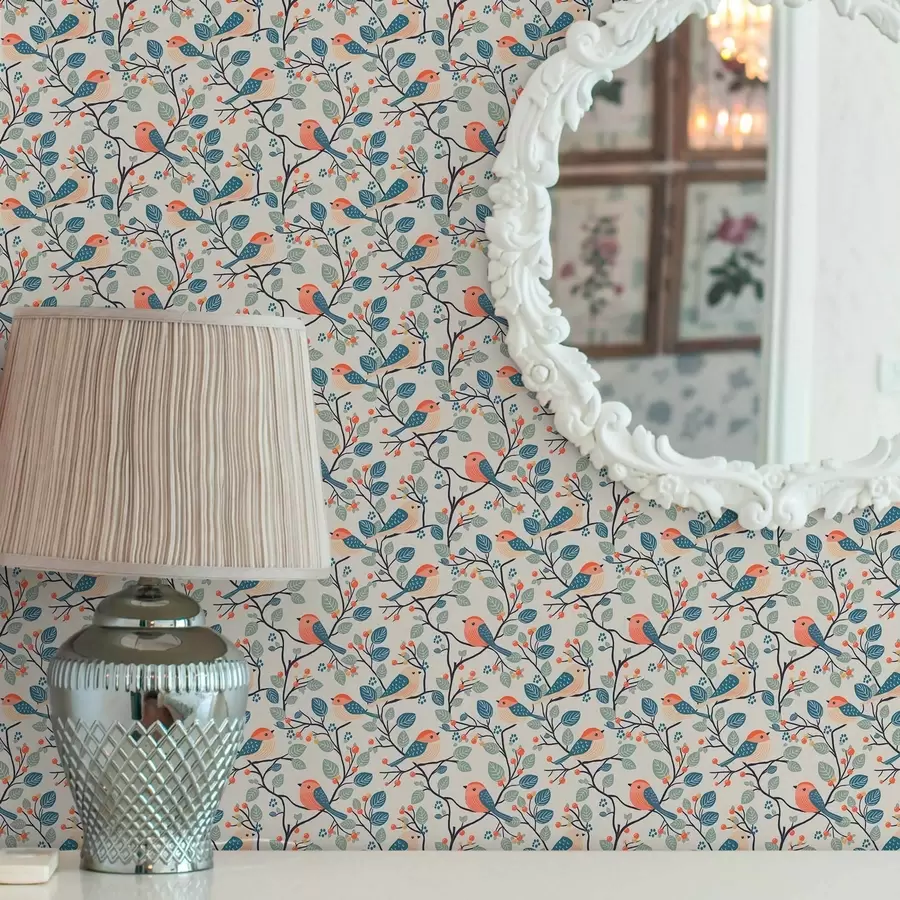 carta da parati Uccelli sui rami e bacche dai colori caldi nr. a00128v1