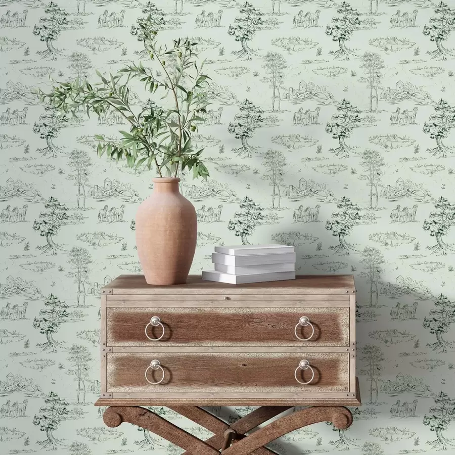 carta da parati Scena con cavalli, alberi e castello su sfondo verde nr. a00133v1