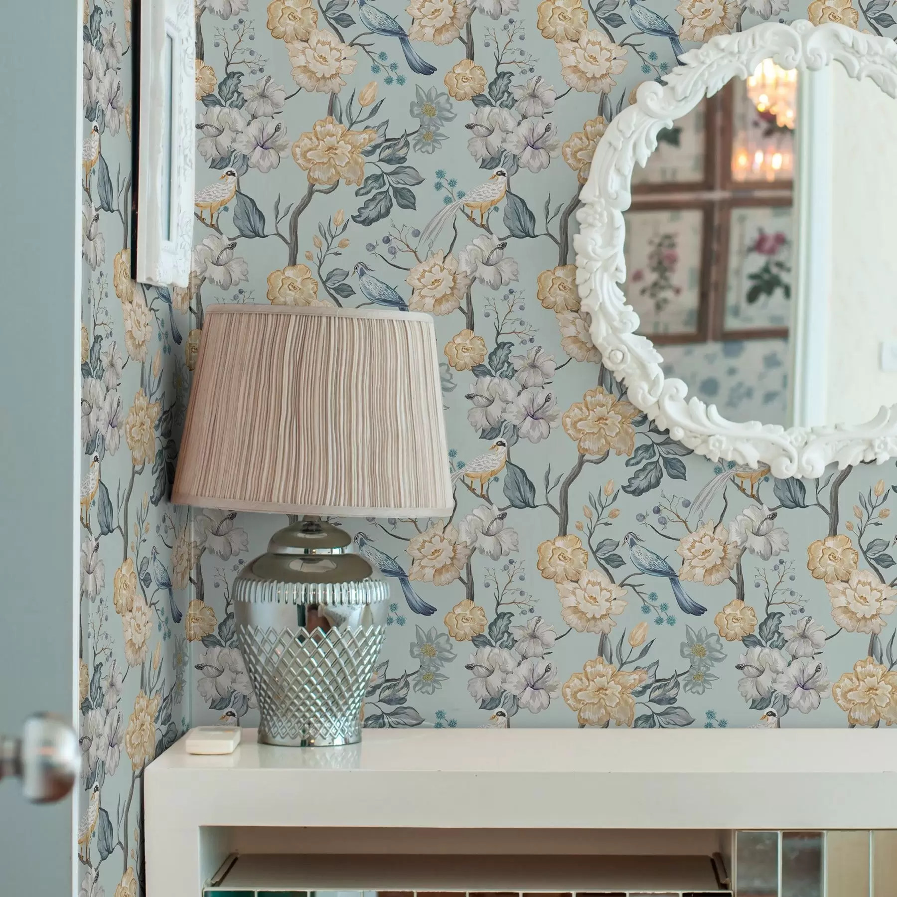 carta da parati Fiori e uccelli su sfondo blu nr. a00134