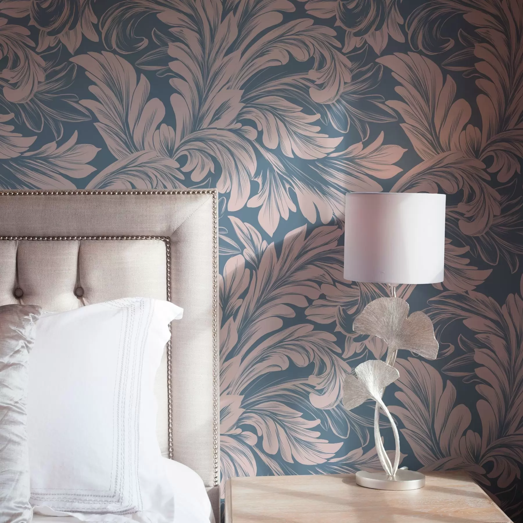 carta da parati Riccioli di piante in tonalità crema su sfondo blu e grigio nr. a00135v2