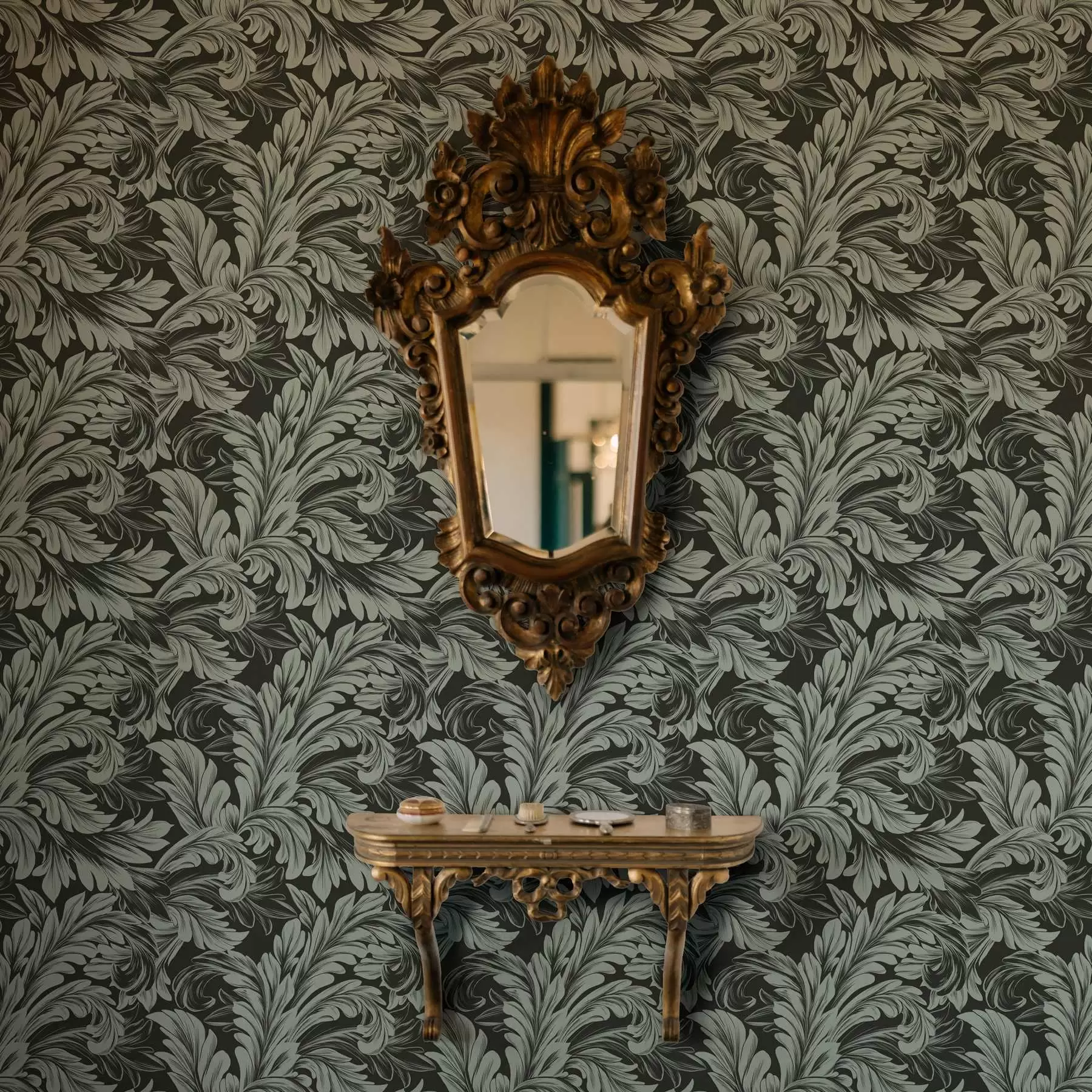 carta da parati Sfondo verde scuro con riccioli di menta nr. a00135v4