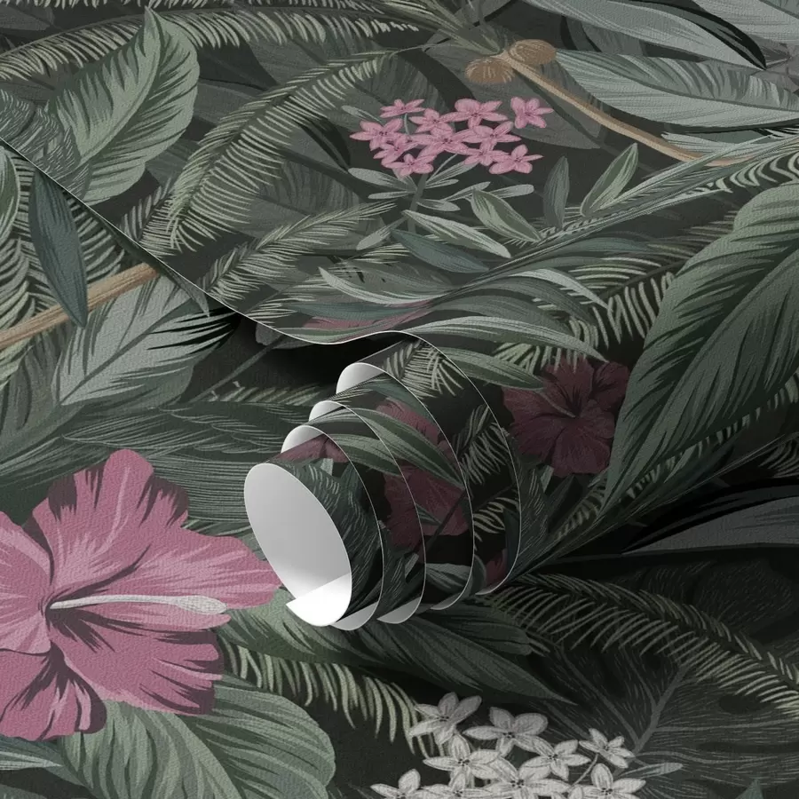 carta da parati Foglie e uccelli tropicali su sfondo scuro nr. a00140