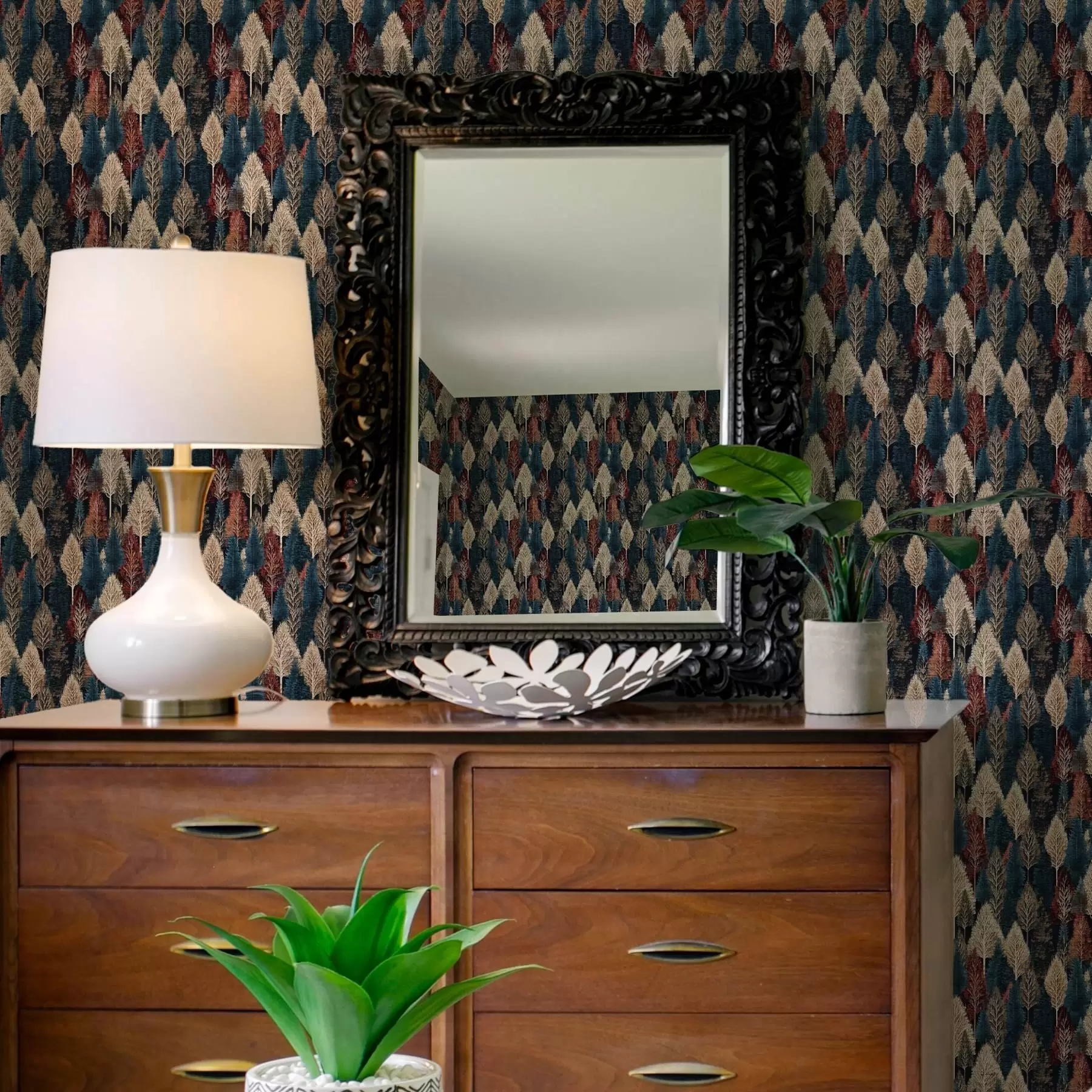 carta da parati Foresta astratta con alberi su sfondo blu scuro nr. a00150