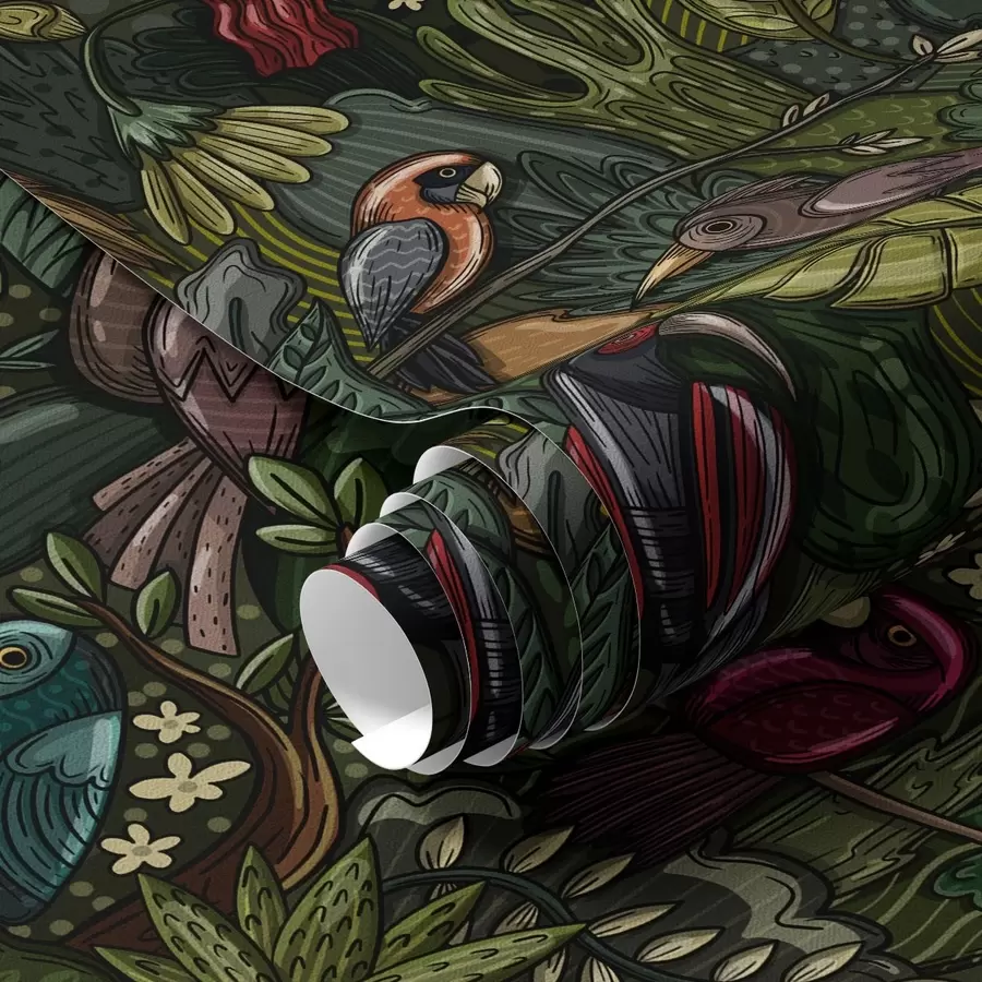 carta da parati Uccelli esotici nella giungla nello stile di un'incisione nr. a00157