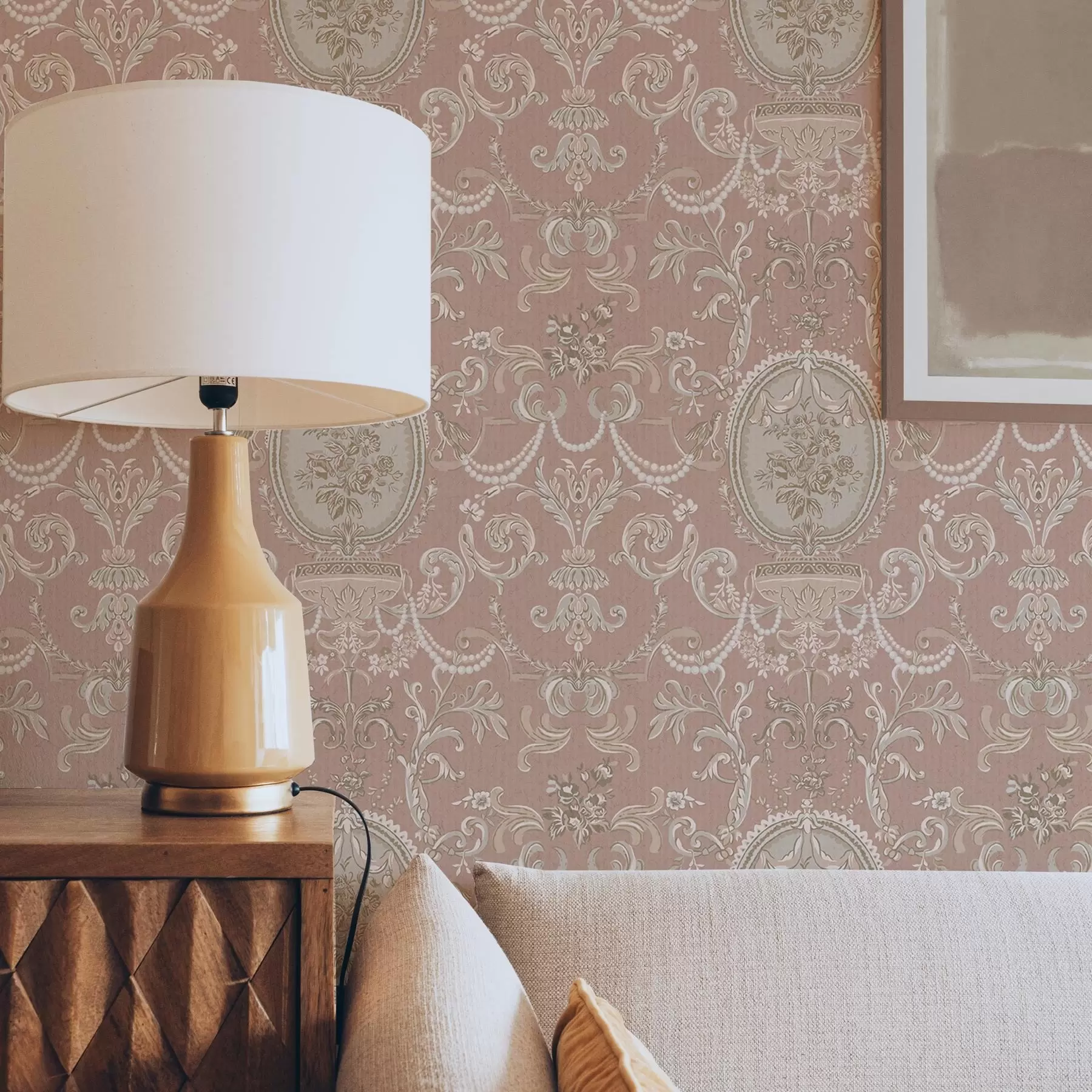 carta da parati Ornamento barocco con fiori su sfondo rosa nr. a00160