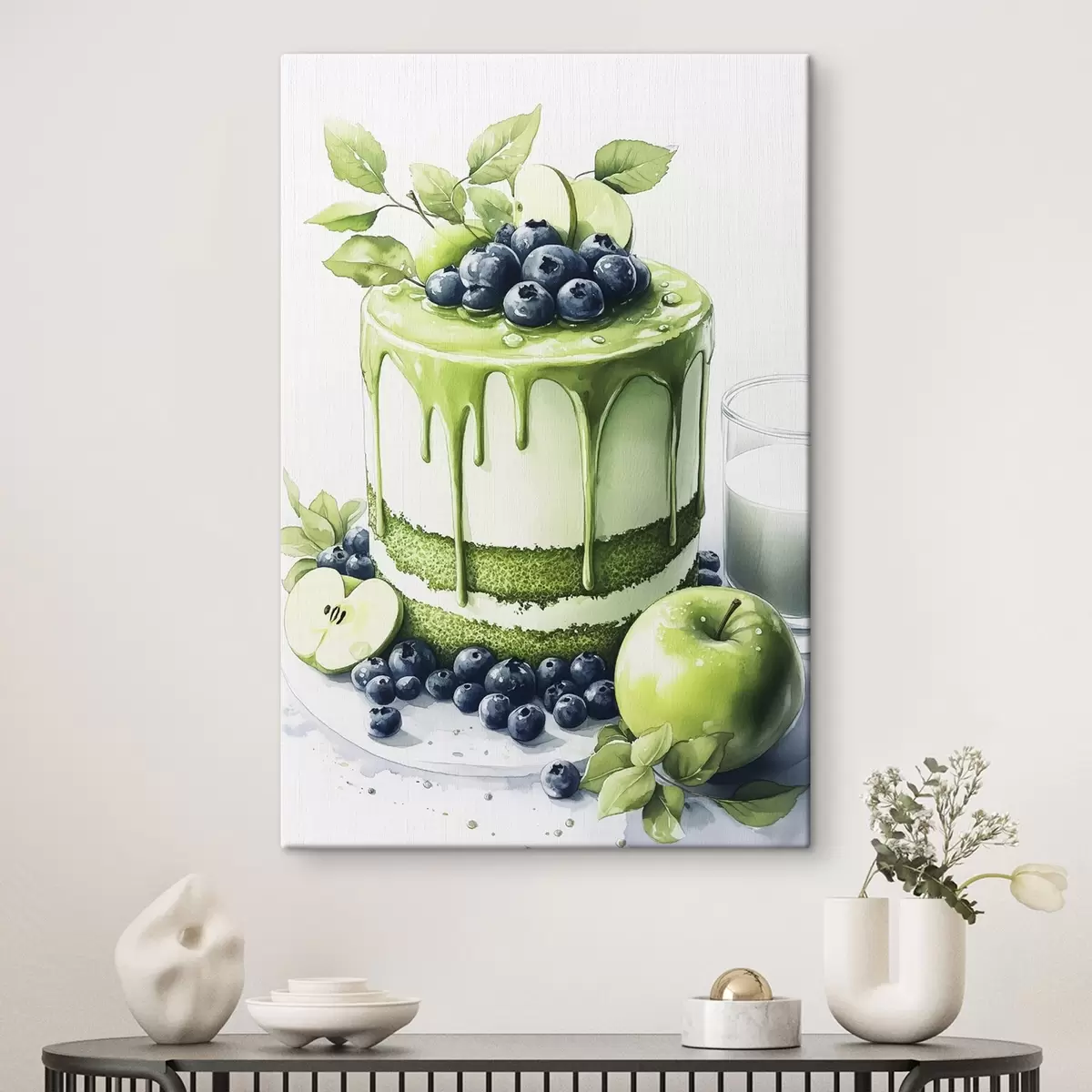 carta da parati Torta Matcha con mirtilli e mele, stile acquerello nr. s44304
