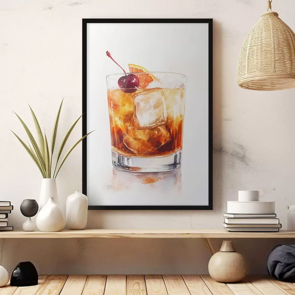 Poster Cocktail all'arancia con ghiaccio e ciliegia, stile acquerello f44303