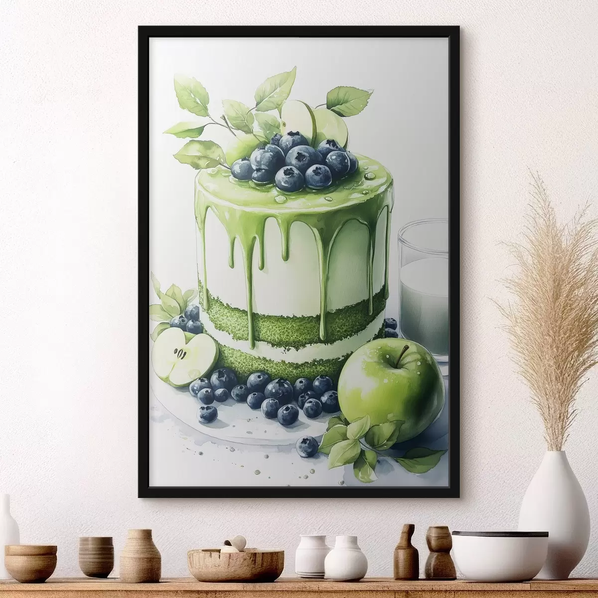 Poster Torta Matcha con mirtilli e mele, stile acquerello f44304