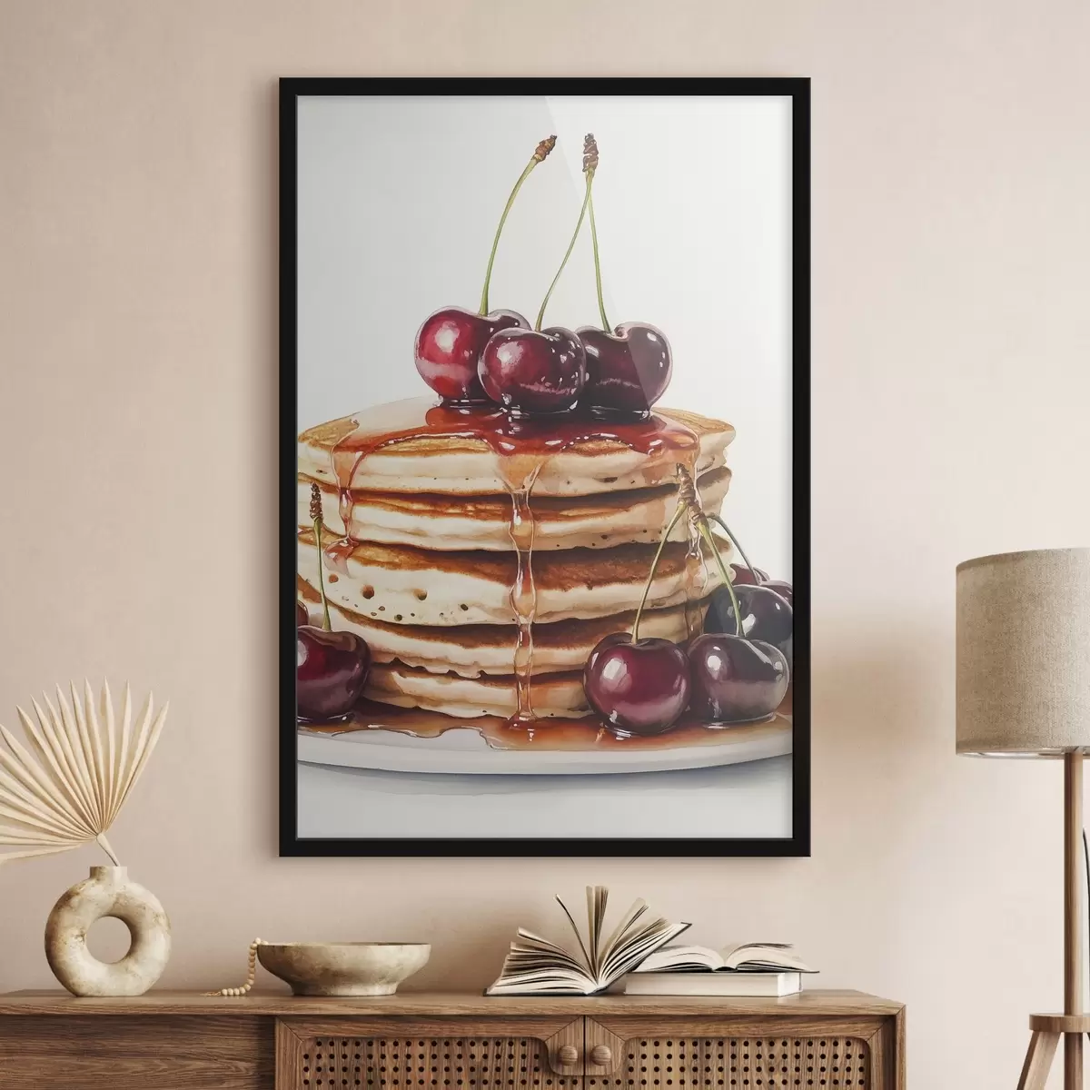 Poster Deliziosi pancake con ciliegie e sciroppo, stile acquerello f44305