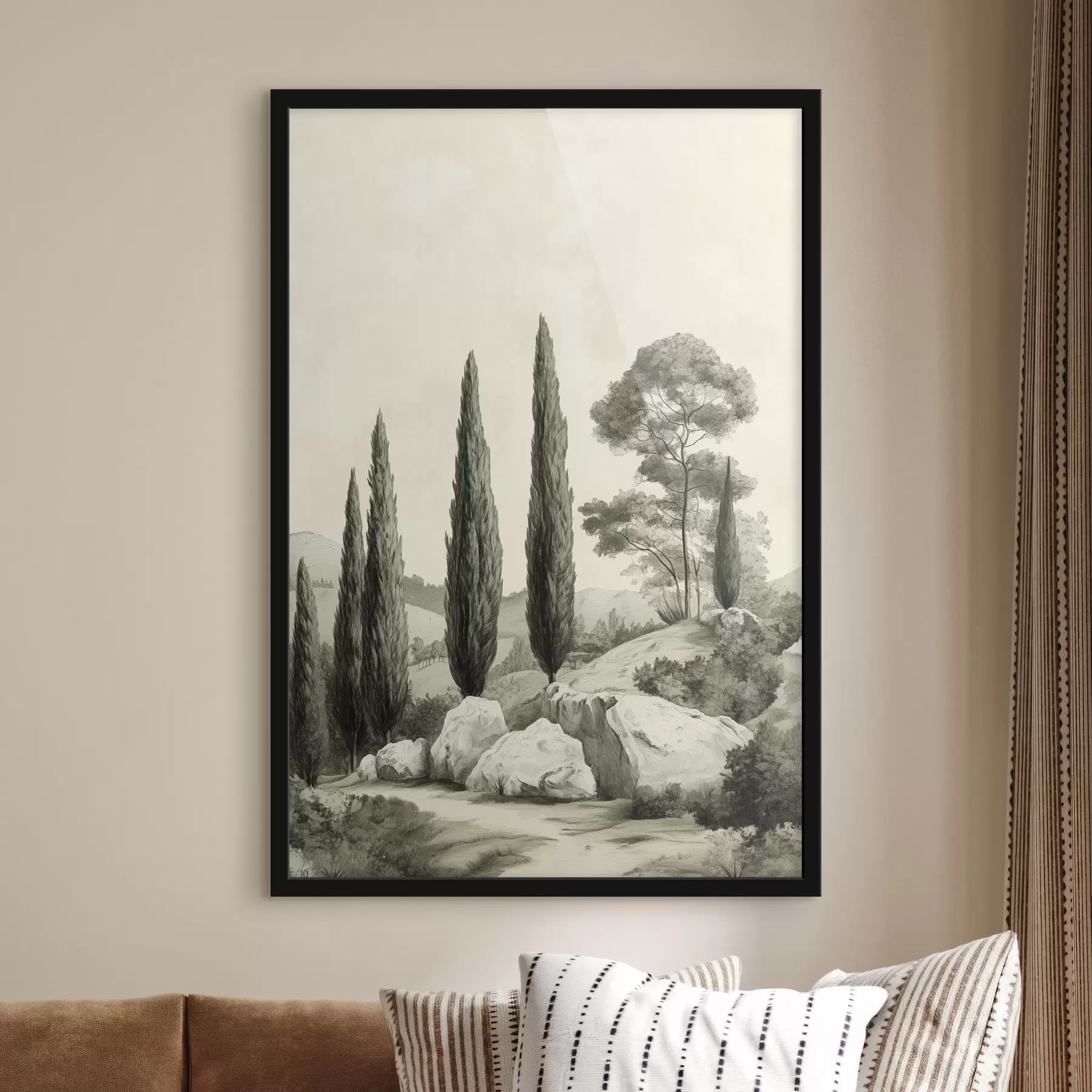 carta da parati Paesaggi toscani, colori pastello, cipressi, rocce, stile rustico nr. f44307