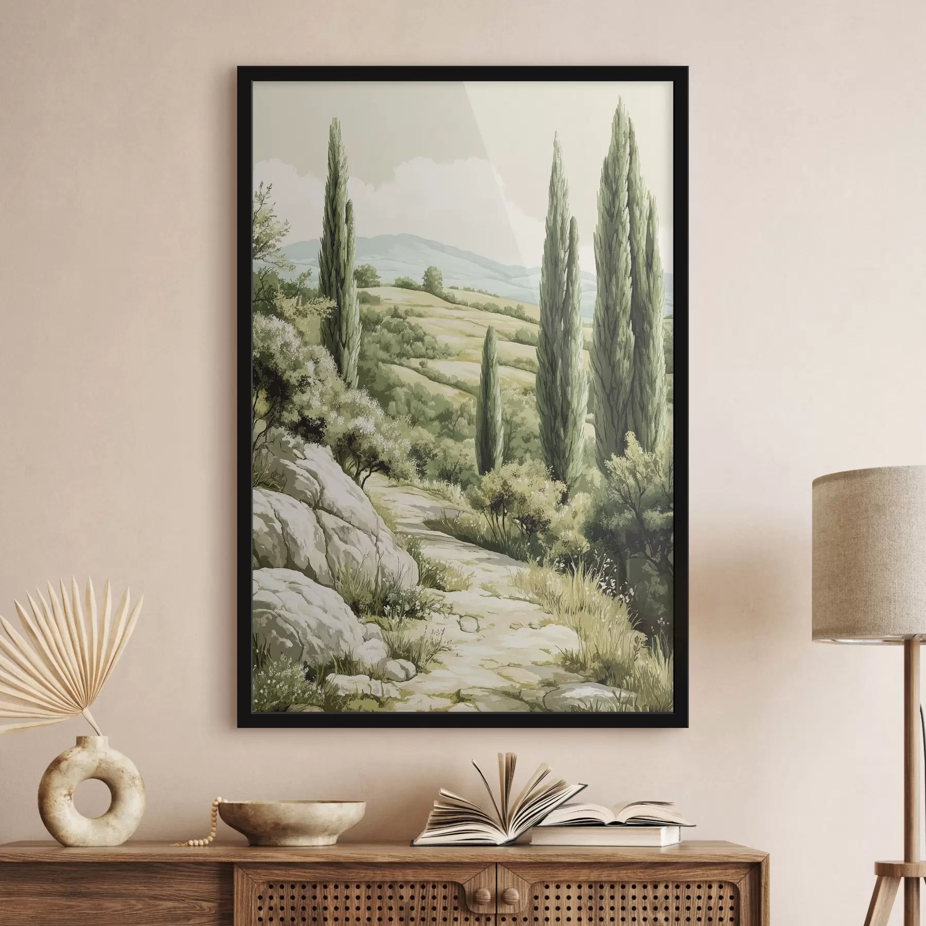 carta da parati Paesaggi estivi con cipressi e colline verdi, stile rustico nr. f44308