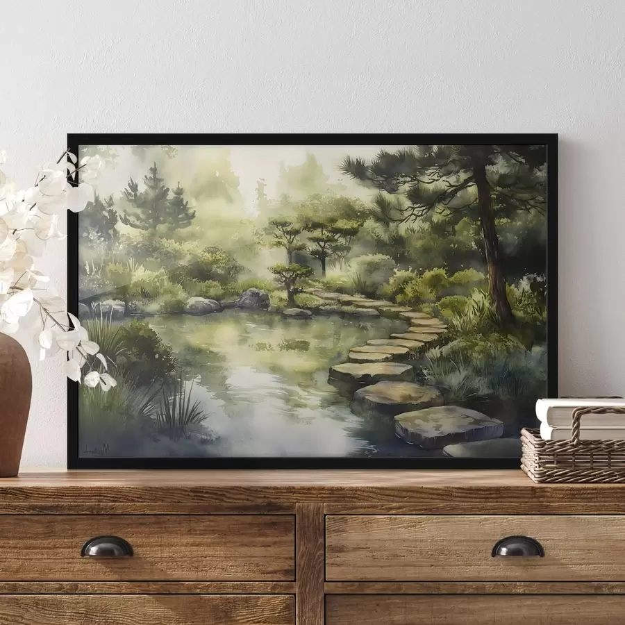carta da parati Foresta orientale con rocce, stagno e pini, verde, stile acquerello nr. f44311