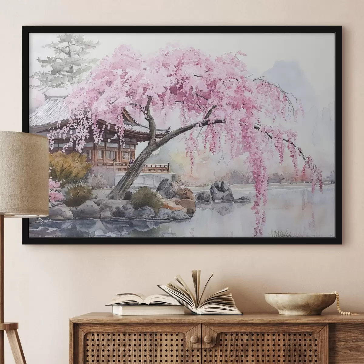 Poster Albero di ciliegio rosa vicino alla casa sul lago, Giappone, stile orientale, acquerello f44312