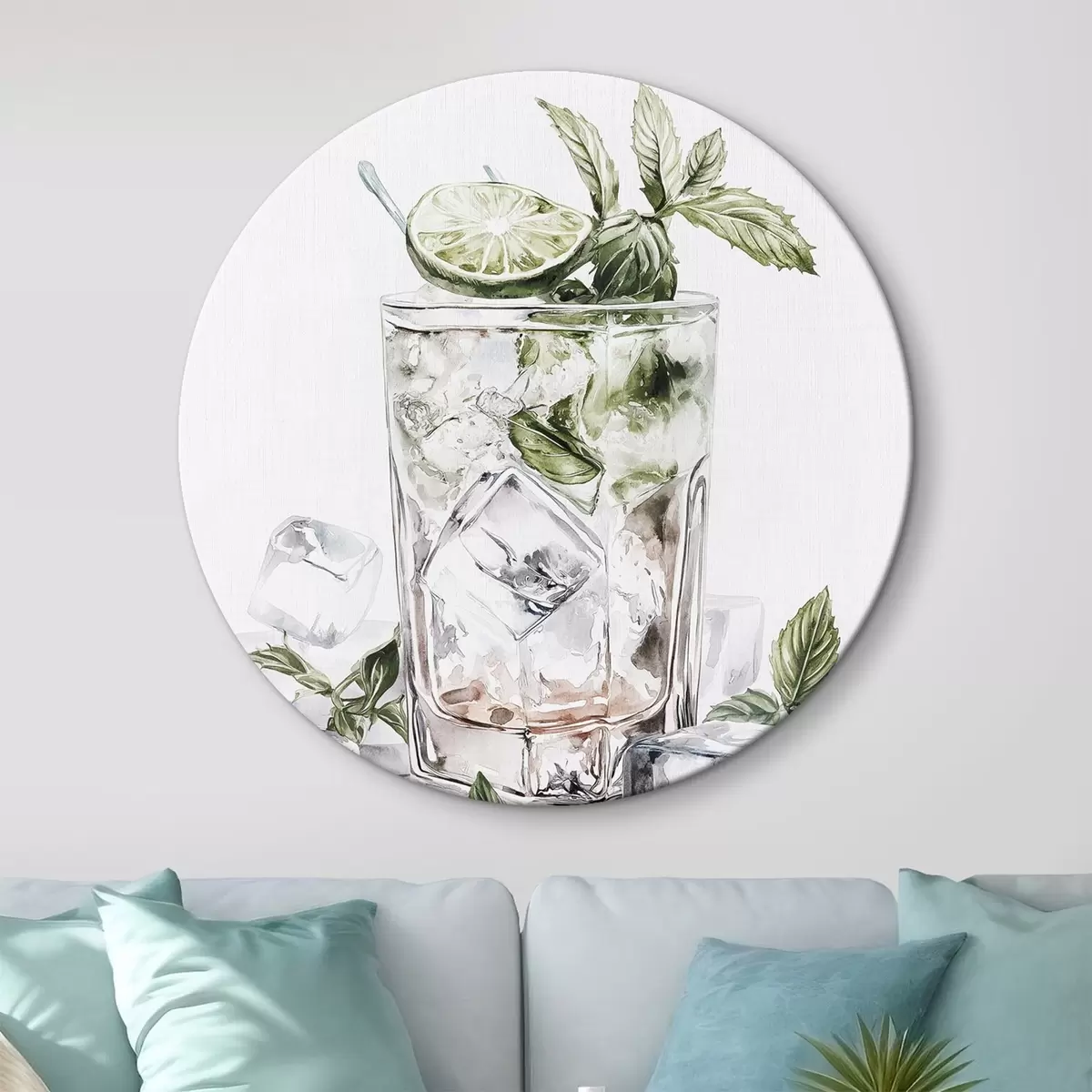 Quadri rotondi Cocktail Mojito, bevande in stile acquerello, menta r44302