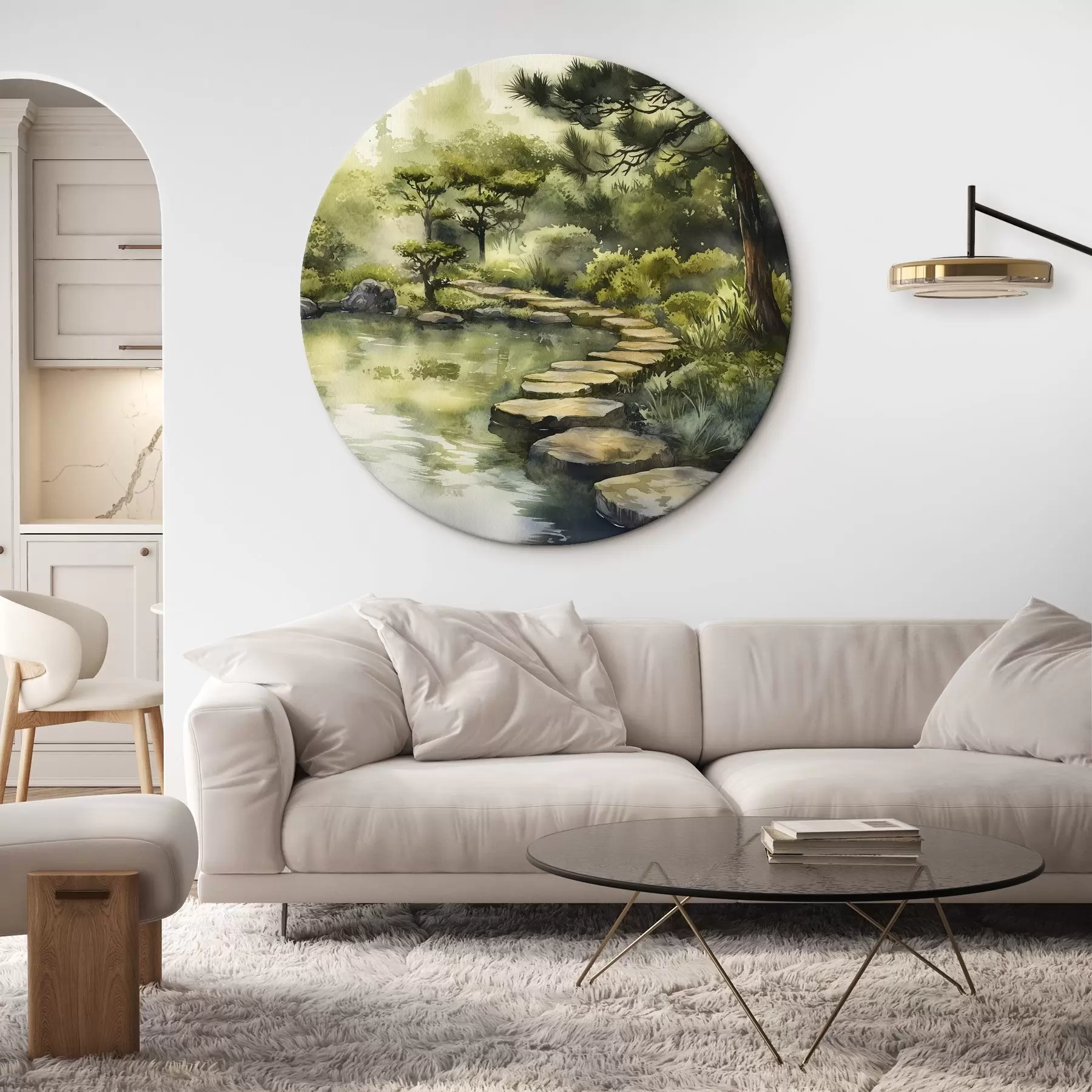 carta da parati Foresta orientale con rocce, stagno e pini, verde, stile acquerello nr. r44311