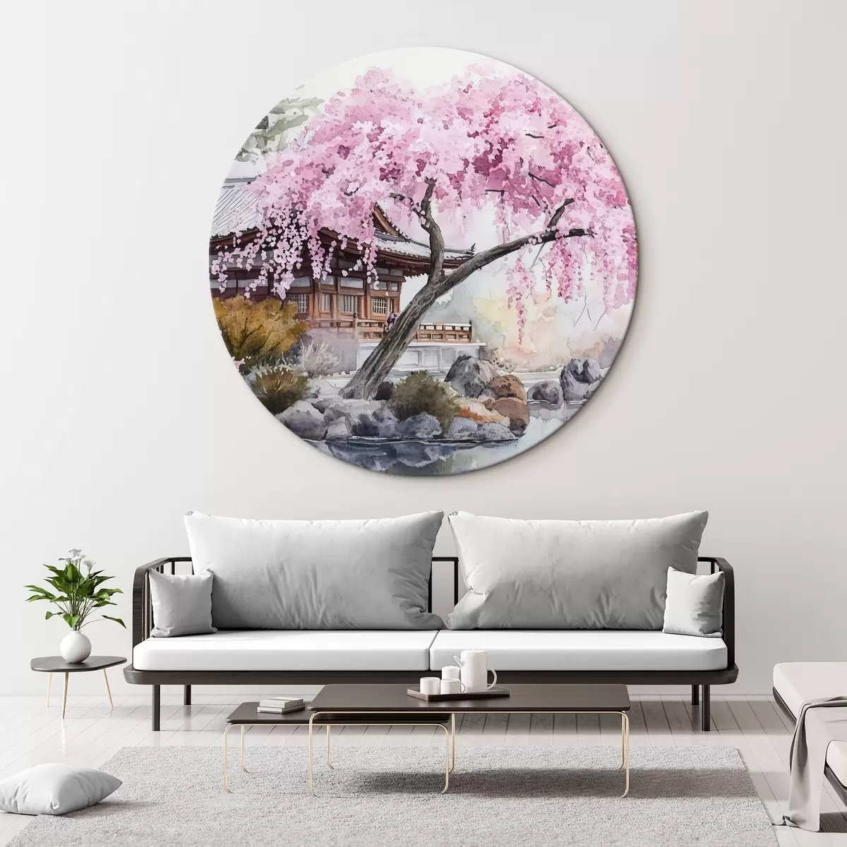 Quadri rotondi Albero di ciliegio rosa vicino alla casa sul lago, Giappone, stile orientale, acquerello r44312