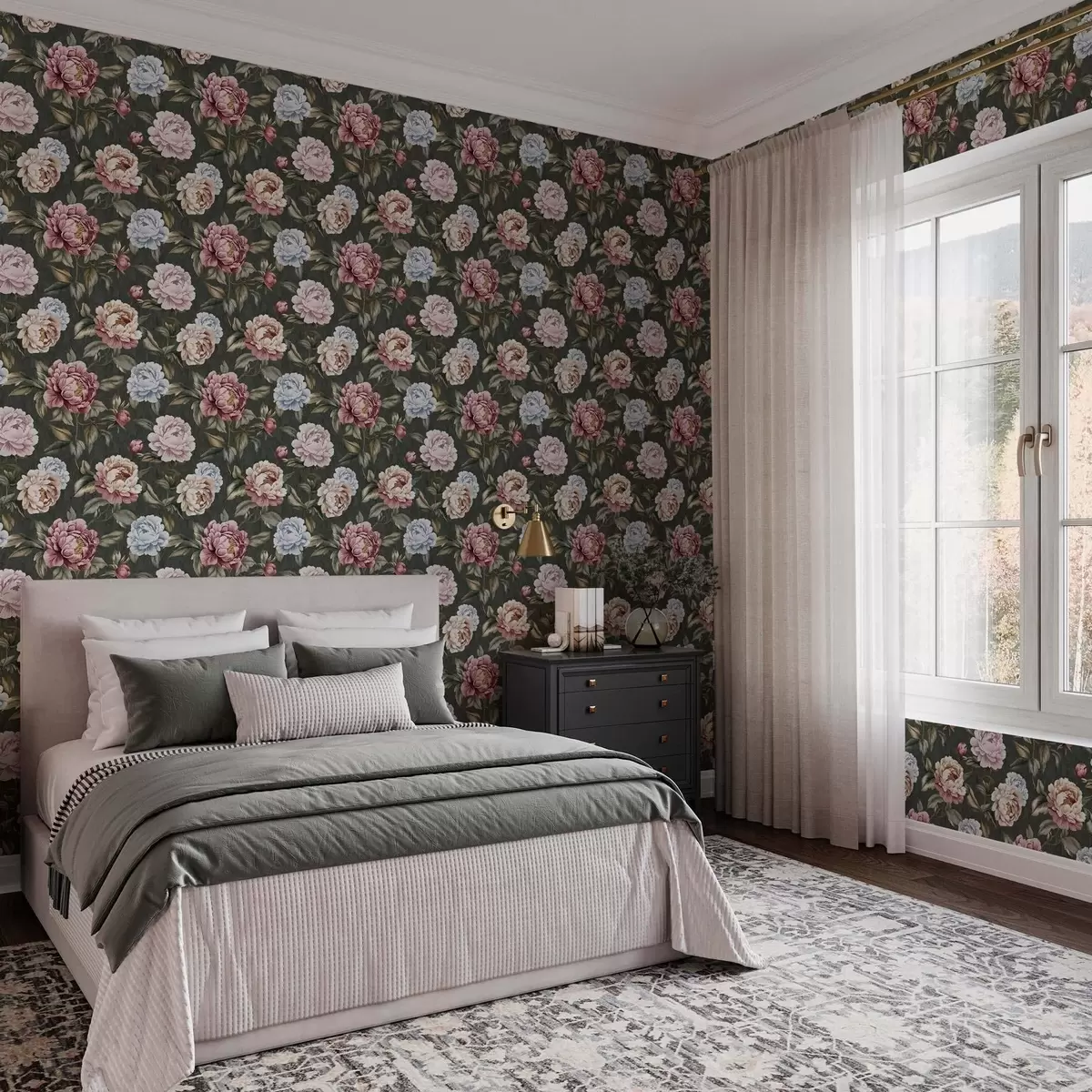 Carta da parati Peonie su sfondo verde scuro a00106