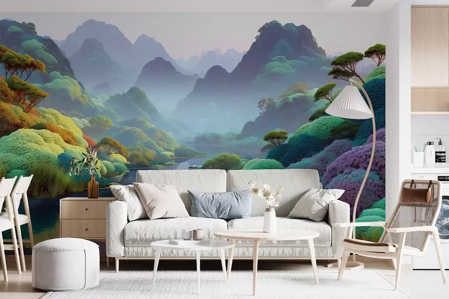 Carta da parati nature Paesaggio montano con un fiume dai toni blu con alberi e cespugli 