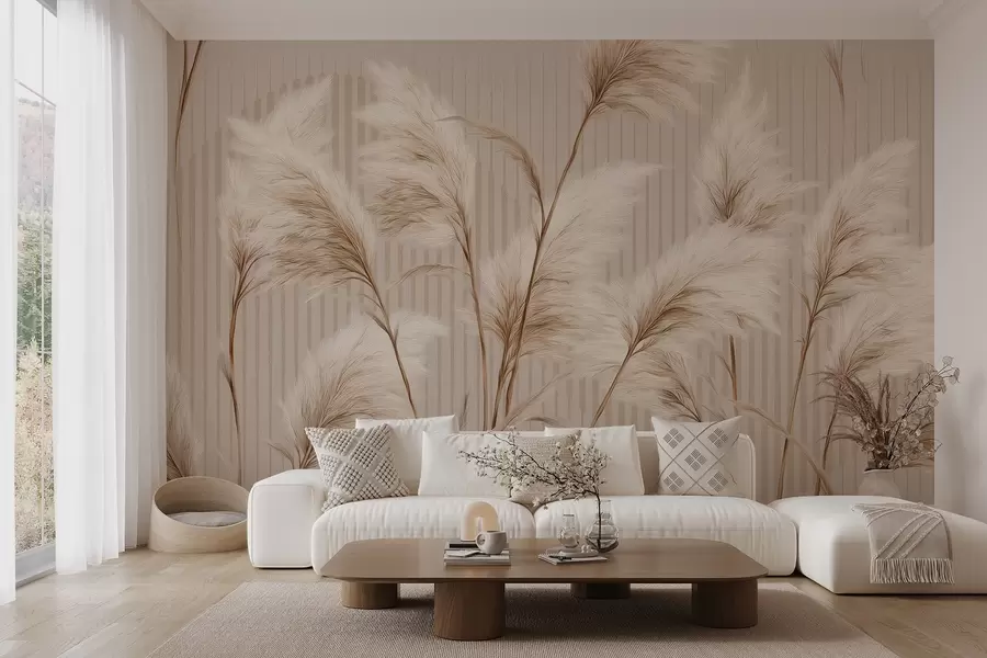 Carta da parati nature Erba della pampa su uno sfondo di linee nei toni del beige 