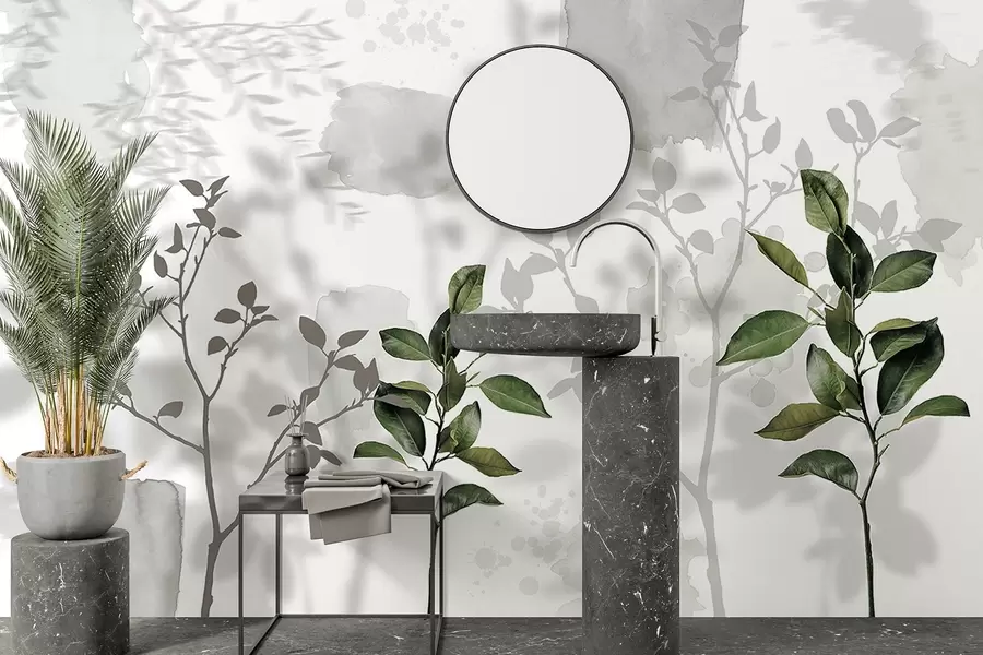 carta da parati Foglie di limone, ombre di rami d'albero, natura, acquerello, verde nr. w03910v1