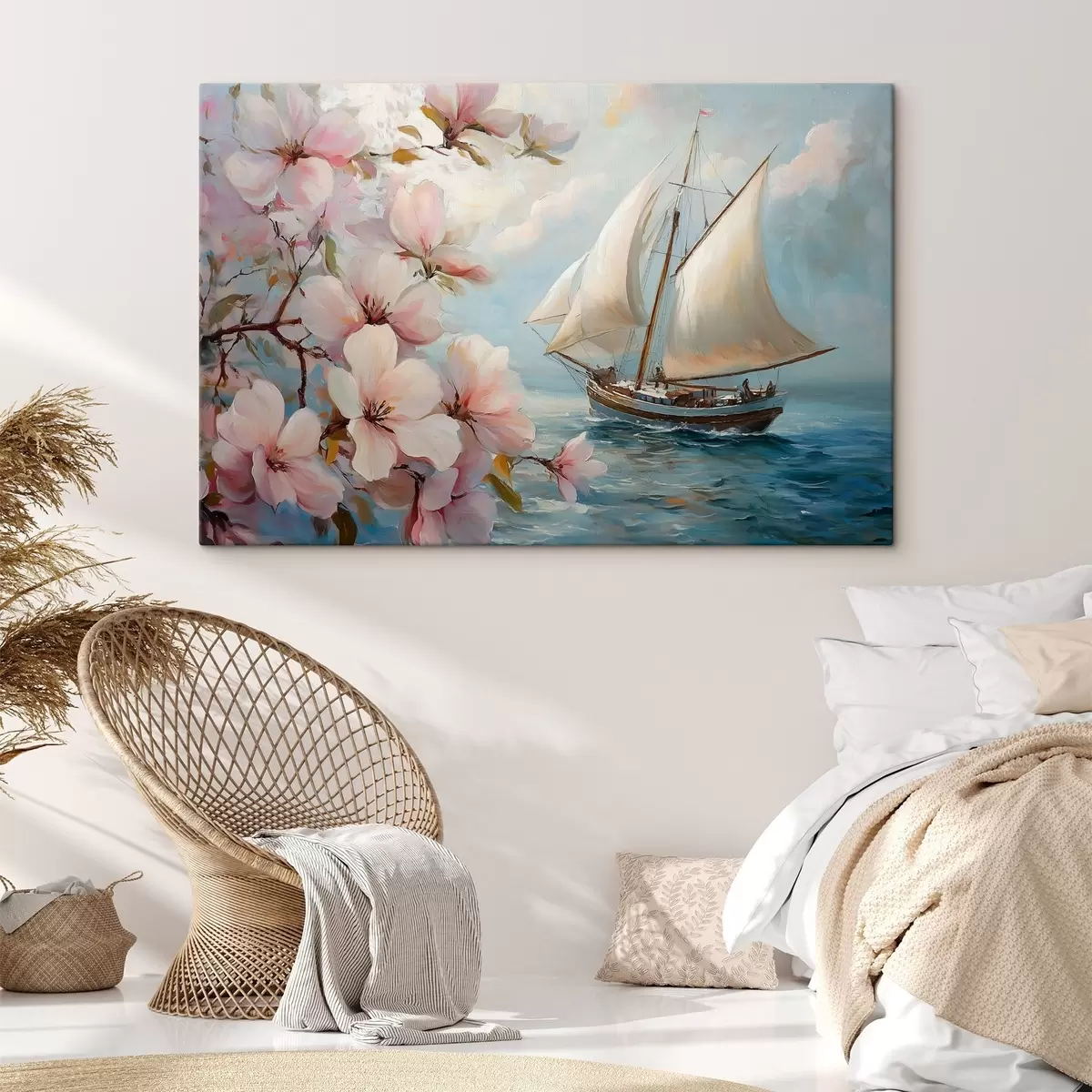 carta da parati Barca sul mare e grandi fiori nr. s44330