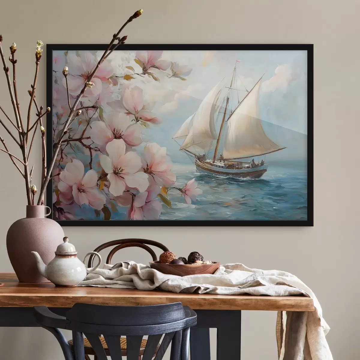 Poster Barca sul mare e grandi fiori f44330