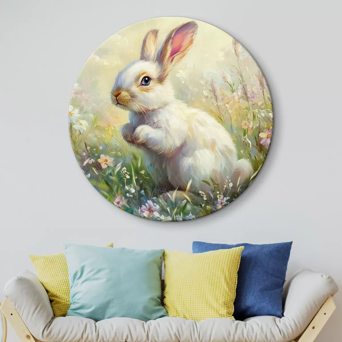 Quadri rotondi Coniglietto bianco tra i fiori r44326