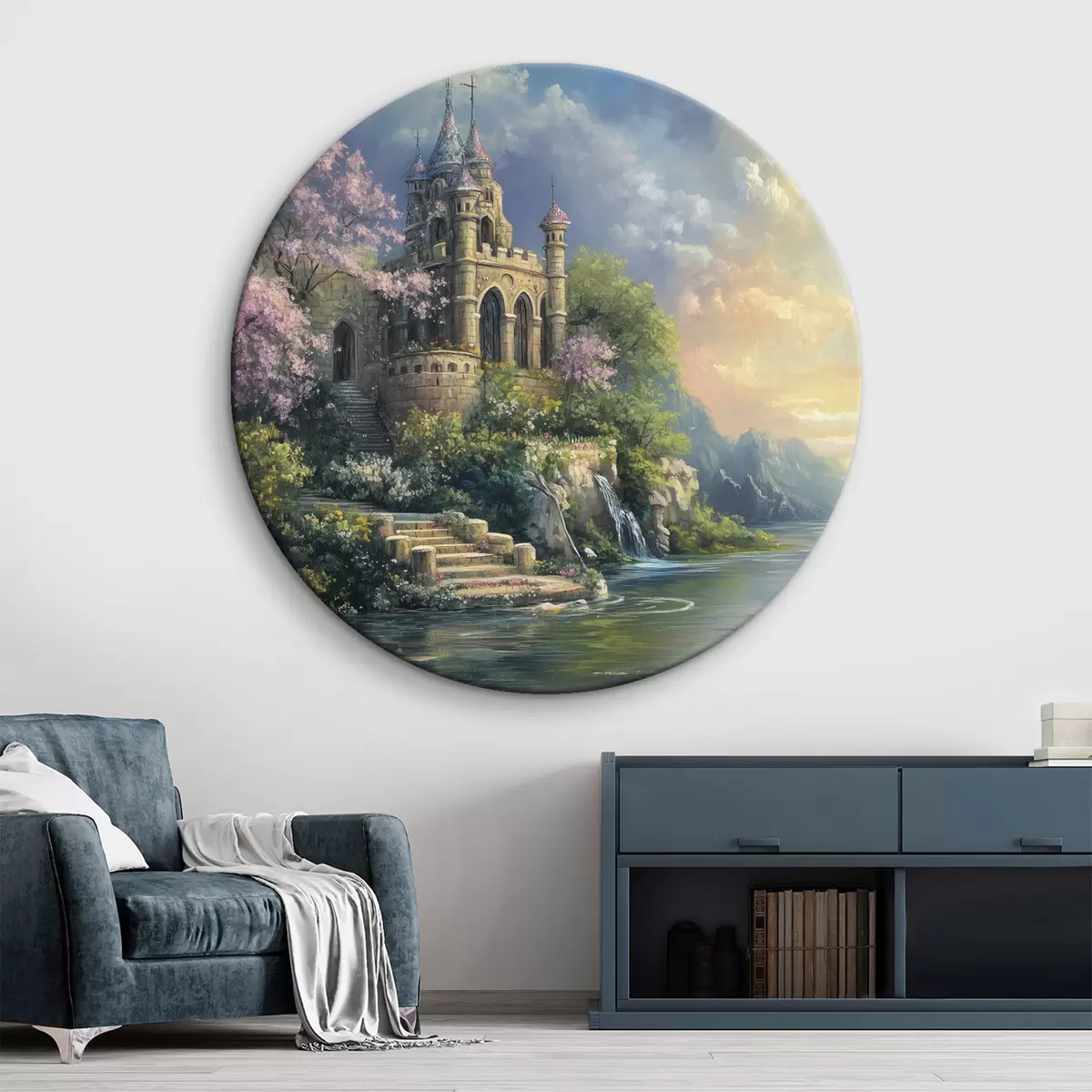 Quadri rotondi Castello in riva al lago r44329