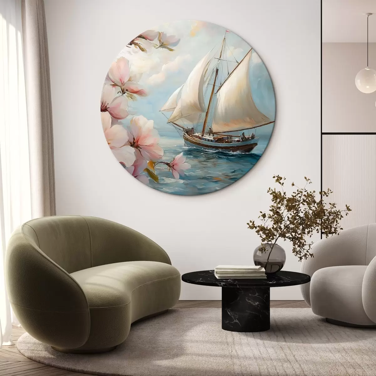 Quadri rotondi Barca sul mare e grandi fiori r44330