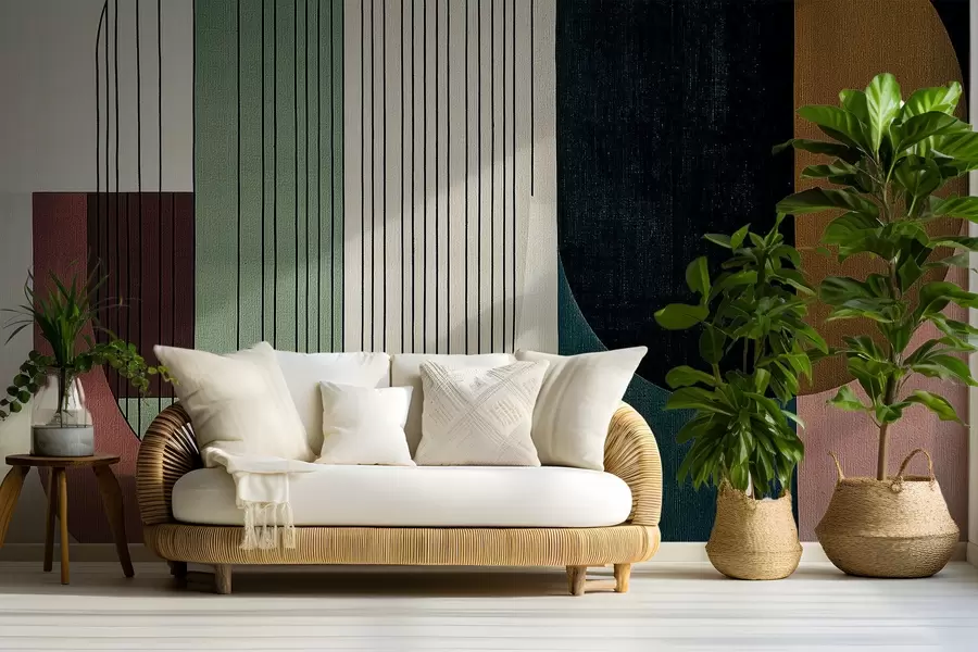 carta da parati composizione geometrica astratta moderna con forme sovrapposte e motivi di linee verticali, linee sottili che riempiono trapezi e ovali, sovrapposizione di texture tessili morbide, toni caldi e tenui come il verde oliva, il taupe, il beige e il carbone, sottili effetti di trasparenza tra le forme nr. w03937v3