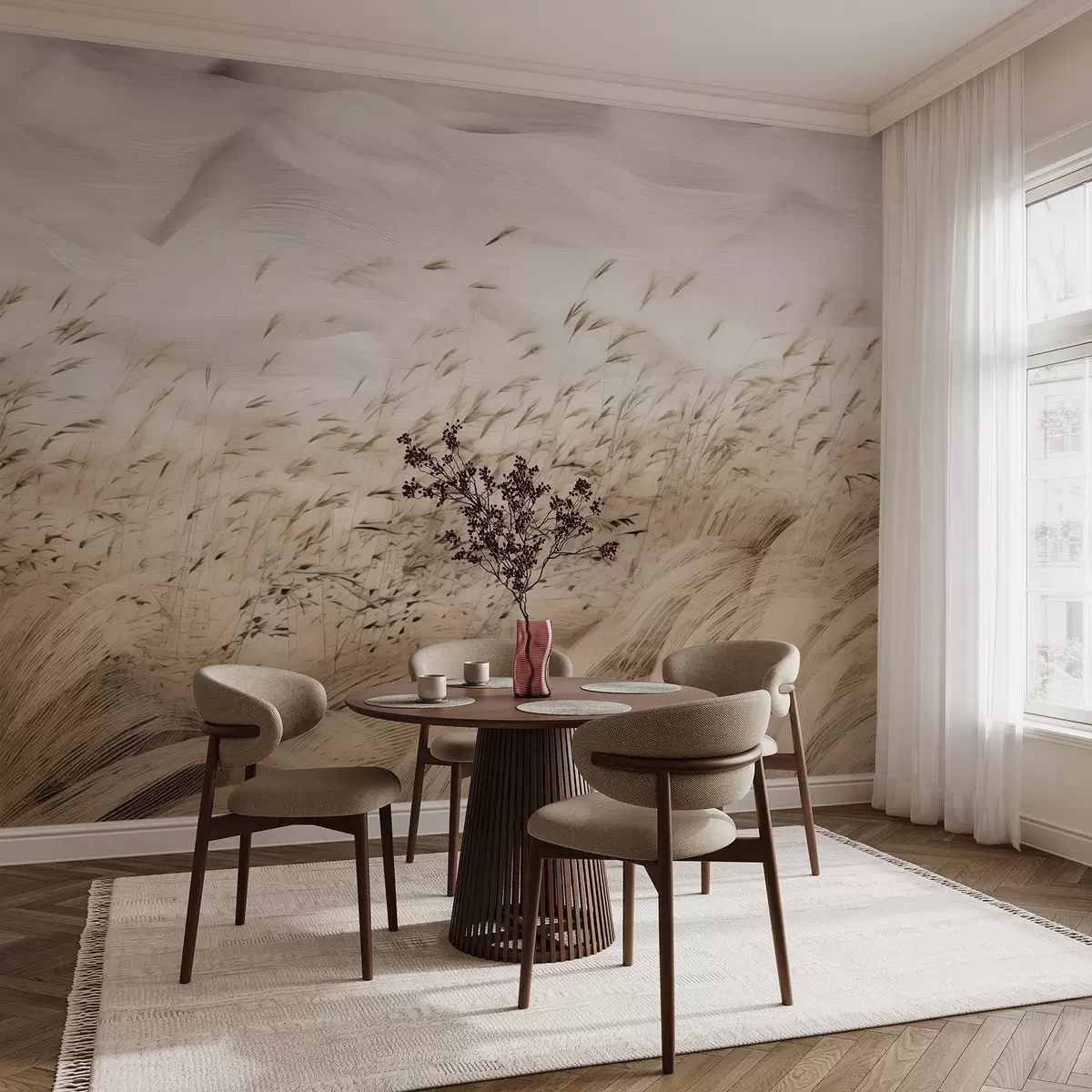 carta da parati campi d'erba astratti spazzati dal vento nei toni del beige e della pietra, linee di schizzo a inchiostro con sfondo di carta testurizzata, calma campagna nordica nr. w03941