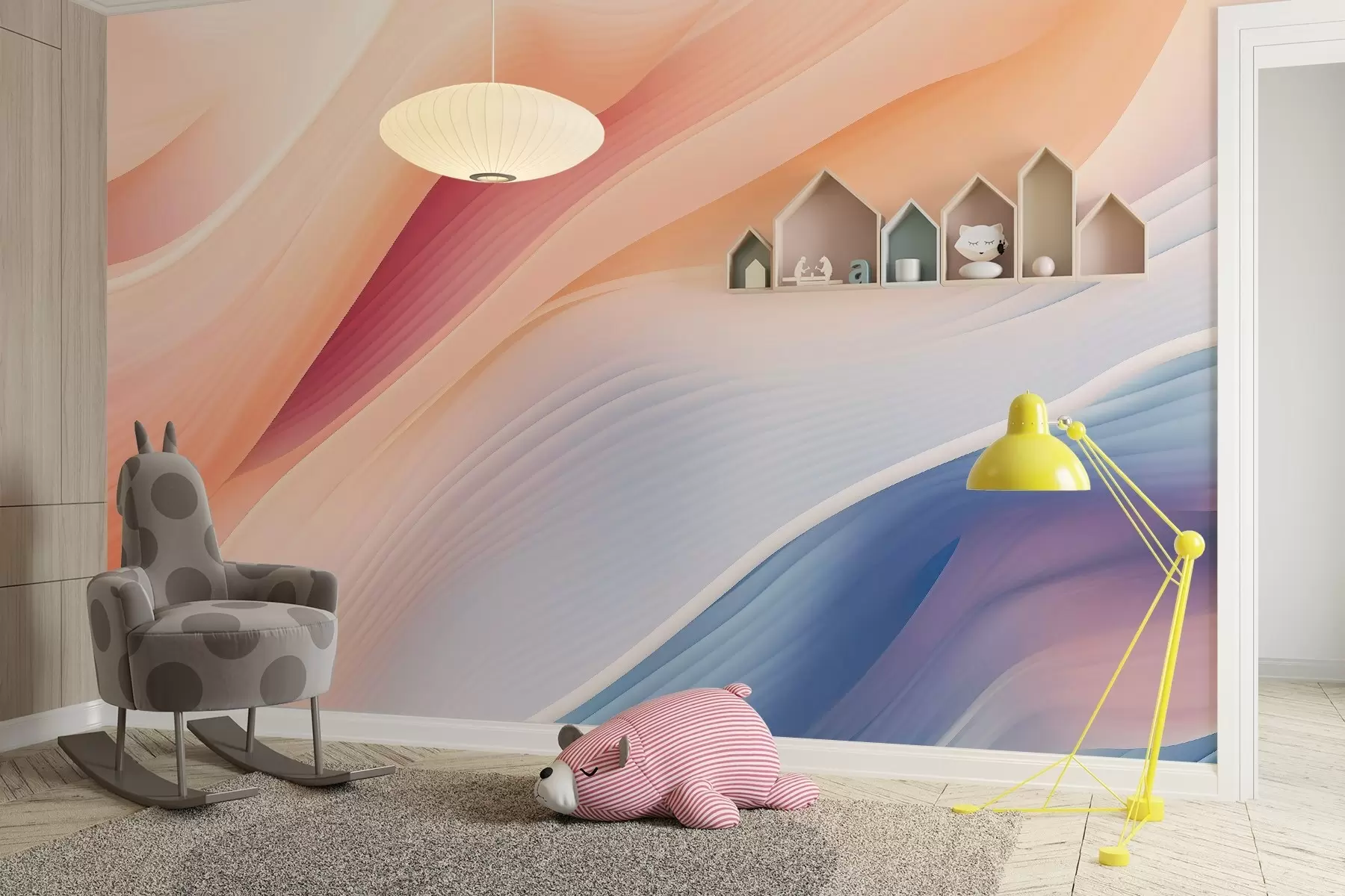 carta da parati forme astratte e fluide ispirate al vento e all'acqua, dipinte a mano con morbide sfumature pastello e texture sottili, movimento organico come seta al rallentatore, sfondo avorio chiaro, armonia naturale, nessun oggetto, nessun simbolo, composizione di carta da parati moderna e poetica nr. w03942