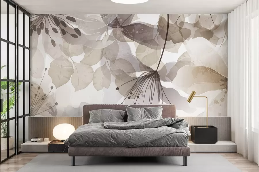 Carta da parati Floreale Fiori e foglie nei colori beige, petali e foglie traslucidi, effetto acquerello morbido, linee delicate, sfondo bianco n. w09107v1