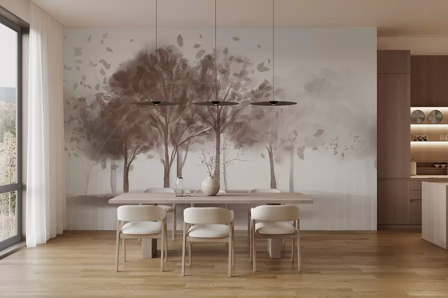 Carta da parati nature Paesaggio astratto con alberi con foglie marroni che si riflettono nell'acqua, in stile acquerello strutturato 