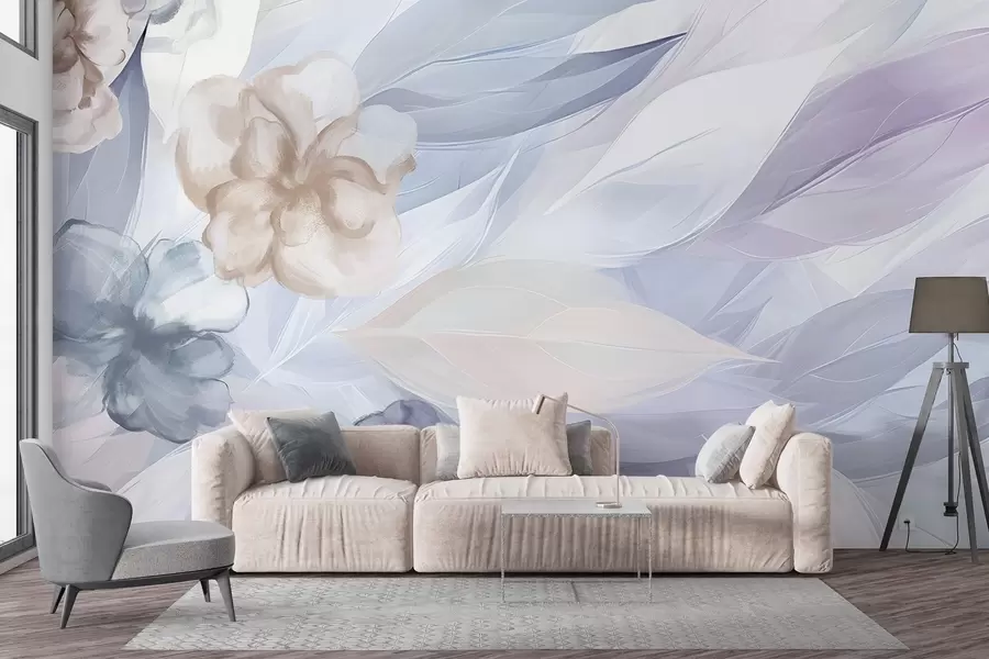 carta da parati Delicati fiori e foglie nei toni del bianco, blu, viola e beige sfondo floreale, colori tenui, petali delicati nr. w09111